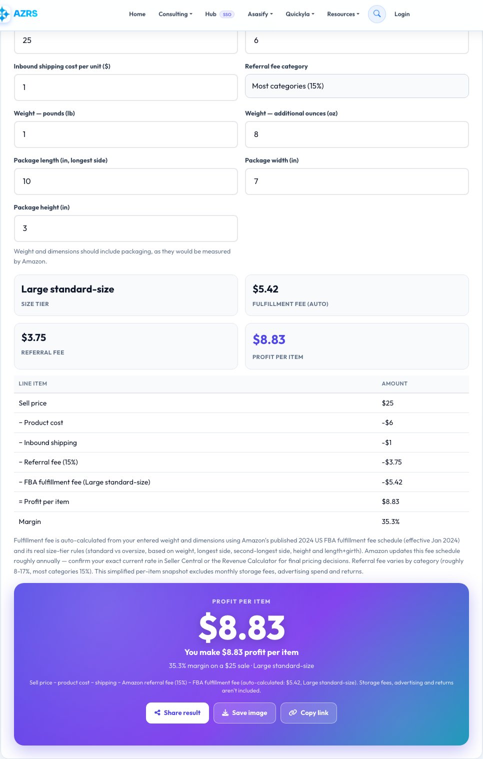 Step 1 — starting Amazon FBA Profit Calculator on AZRS QuickFix