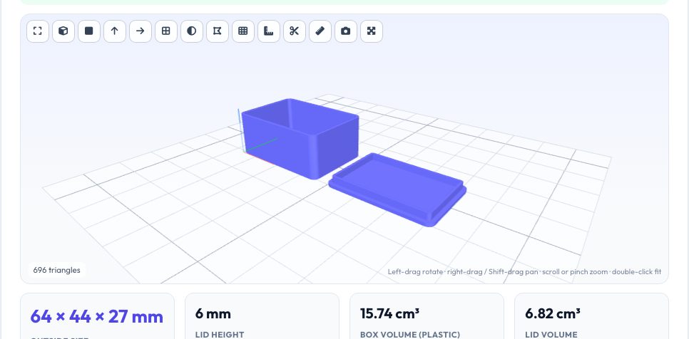 Screenshot of the free 3D-Printable Box with Lid Generator tool on AZRS QuickFix
