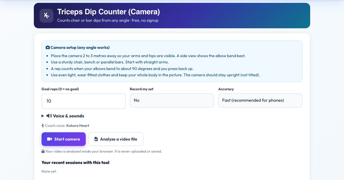 Screenshot of the free Triceps Dip Counter (Camera) tool on AZRS QuickFix
