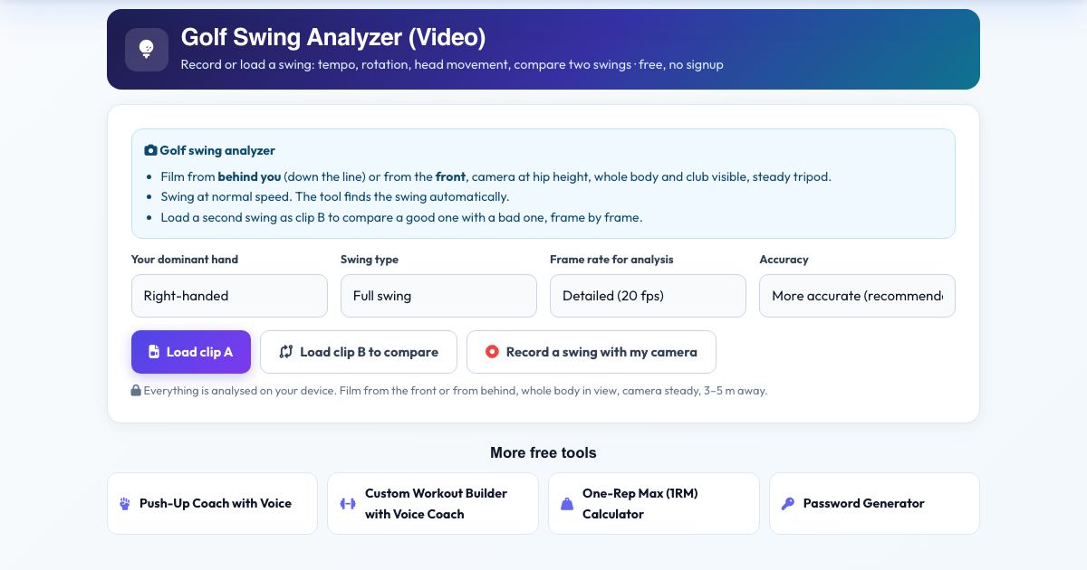 Screenshot of the free Golf Swing Analyzer (Video) tool on AZRS QuickFix