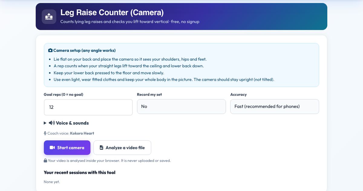 Screenshot of the free Leg Raise Counter (Camera) tool on AZRS QuickFix
