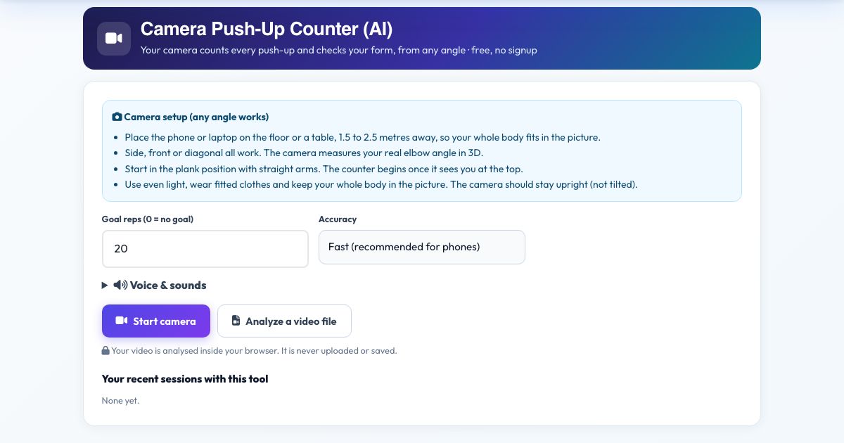 Screenshot of the free Camera Push-Up Counter (AI) tool on AZRS QuickFix