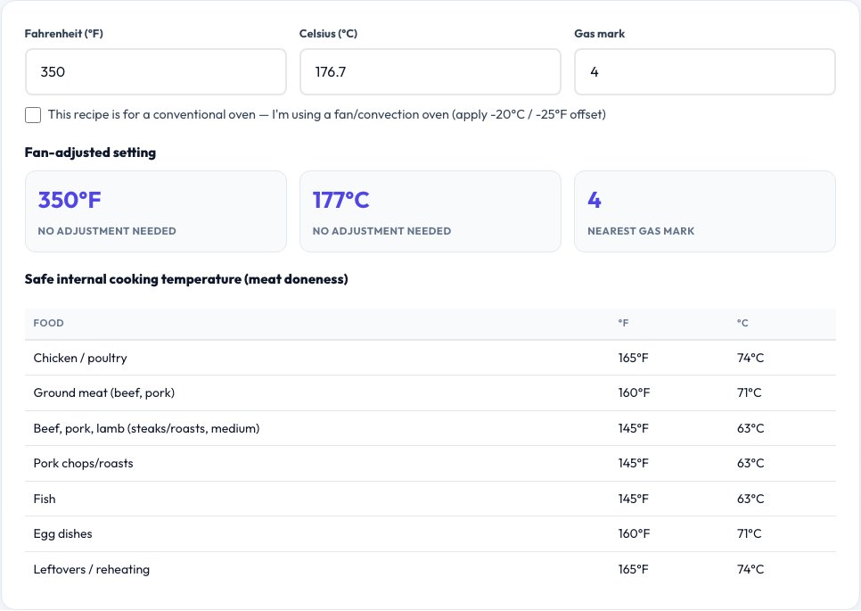 Screenshot of the free Oven Temperature & Cooking Converter tool on AZRS QuickFix