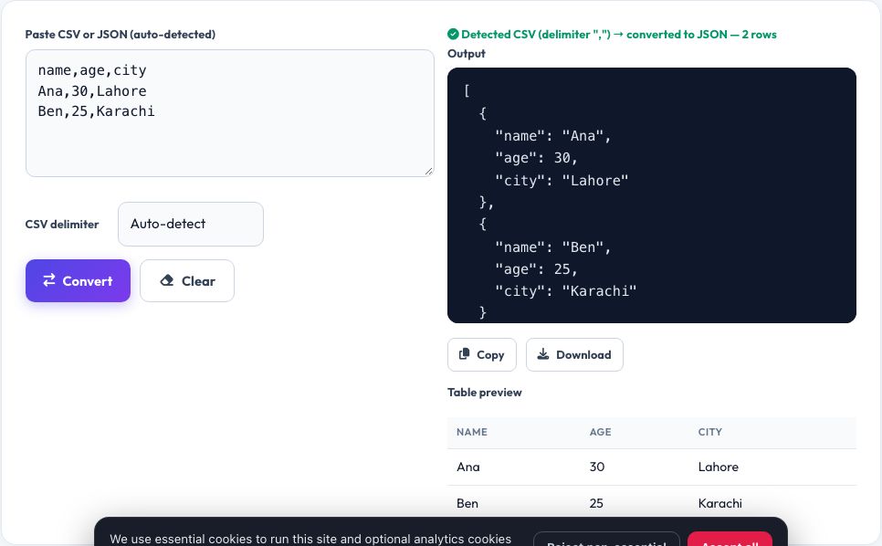 Screenshot of the free CSV ⇄ JSON Converter tool on AZRS QuickFix