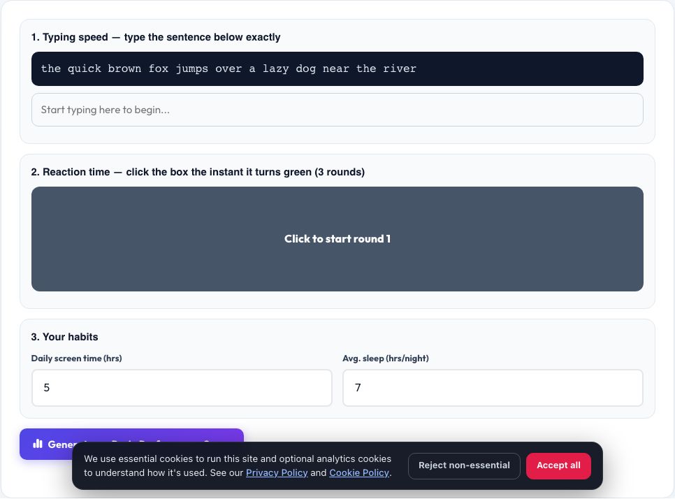 Screenshot of the free Digital Life Report — Brain Performance Score tool on AZRS QuickFix