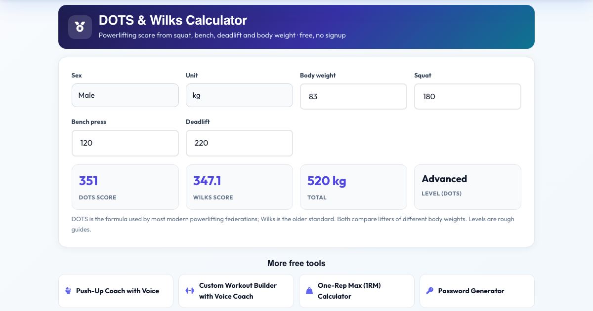 Screenshot of the free DOTS & Wilks Calculator tool on AZRS QuickFix