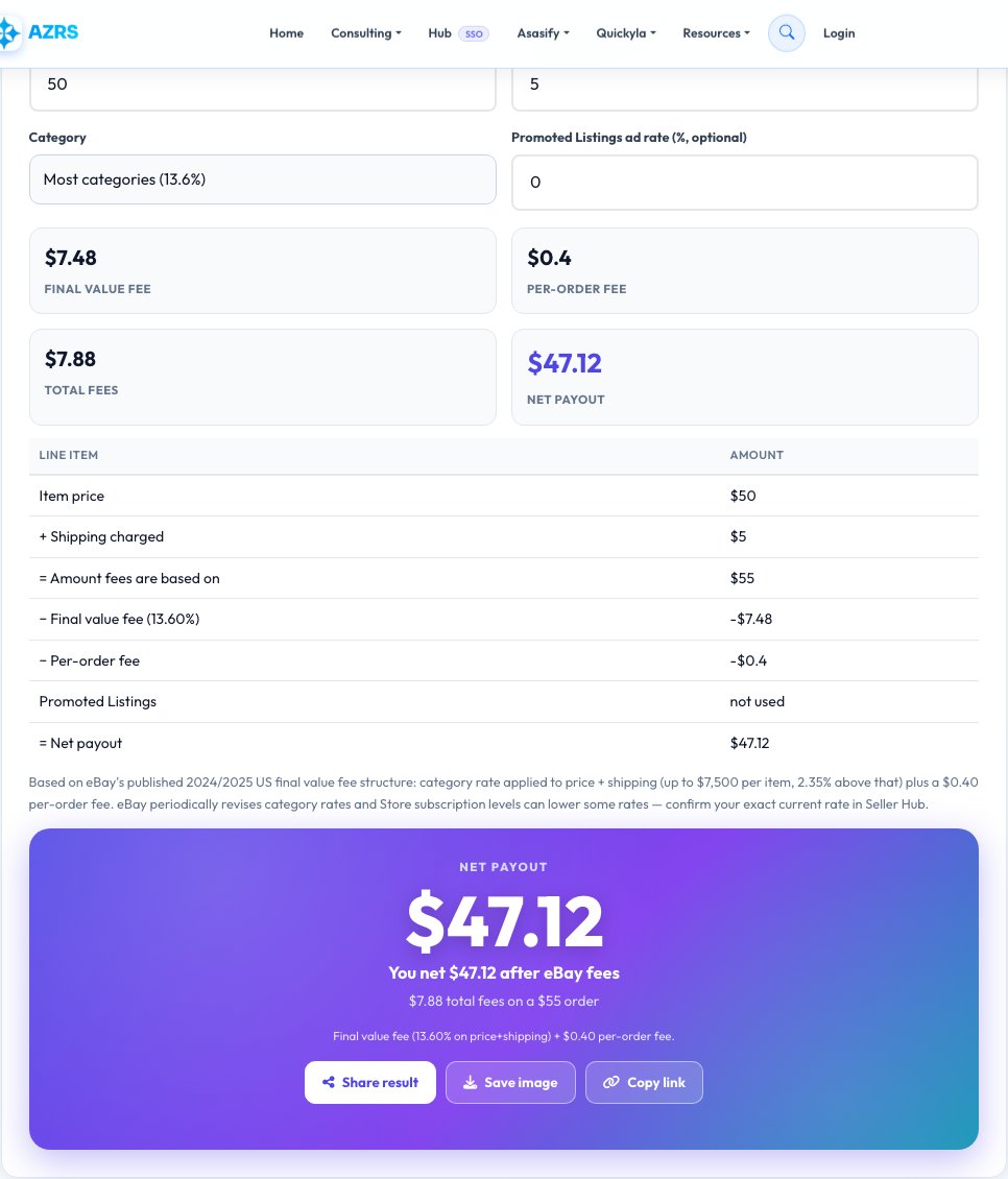 Screenshot of the free eBay Fee Calculator tool on AZRS QuickFix