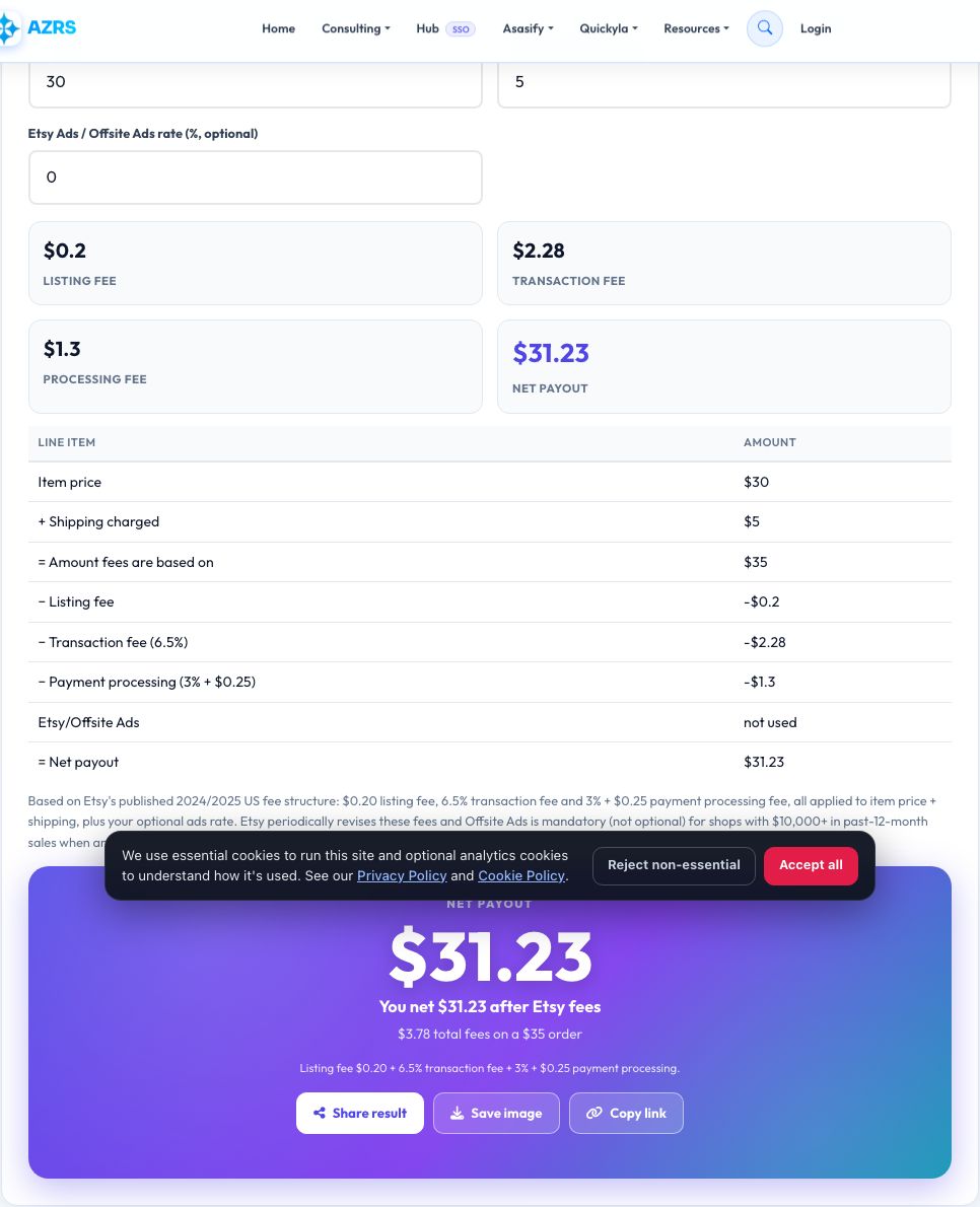 Screenshot of the free Etsy Fee Calculator tool on AZRS QuickFix
