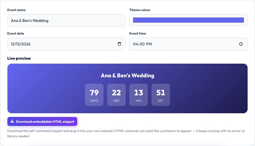 Screenshot of the free Event Countdown Page Creator tool on AZRS QuickFix