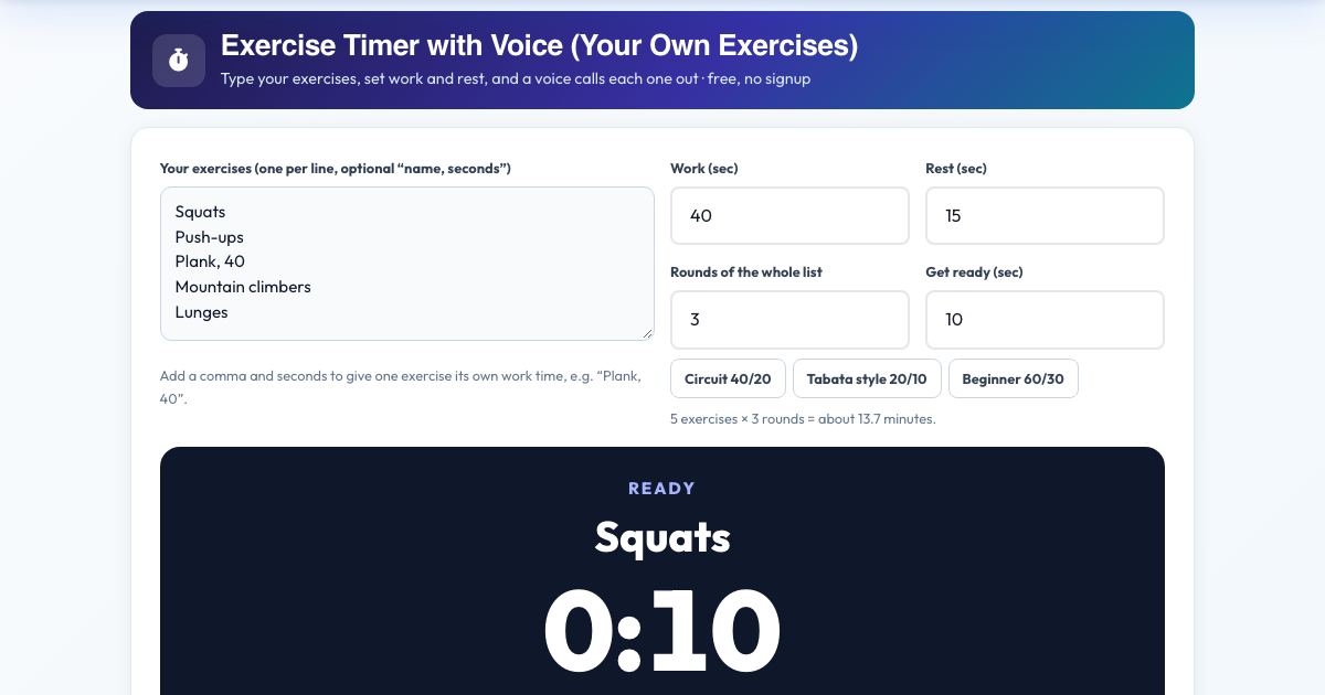 Screenshot of the free Exercise Timer with Voice (Your Own Exercises) tool on AZRS QuickFix