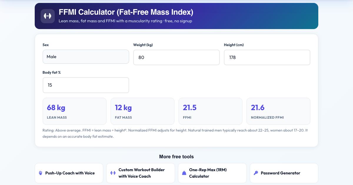 Screenshot of the free FFMI Calculator (Fat-Free Mass Index) tool on AZRS QuickFix