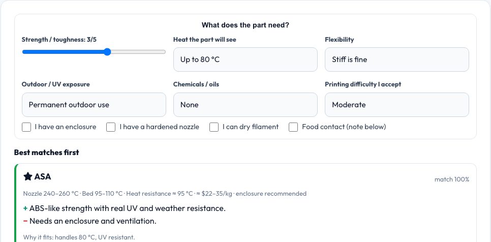 Screenshot of the free Filament Chooser — PLA vs PETG vs ABS vs ASA vs TPU vs Nylon tool on AZRS QuickFix