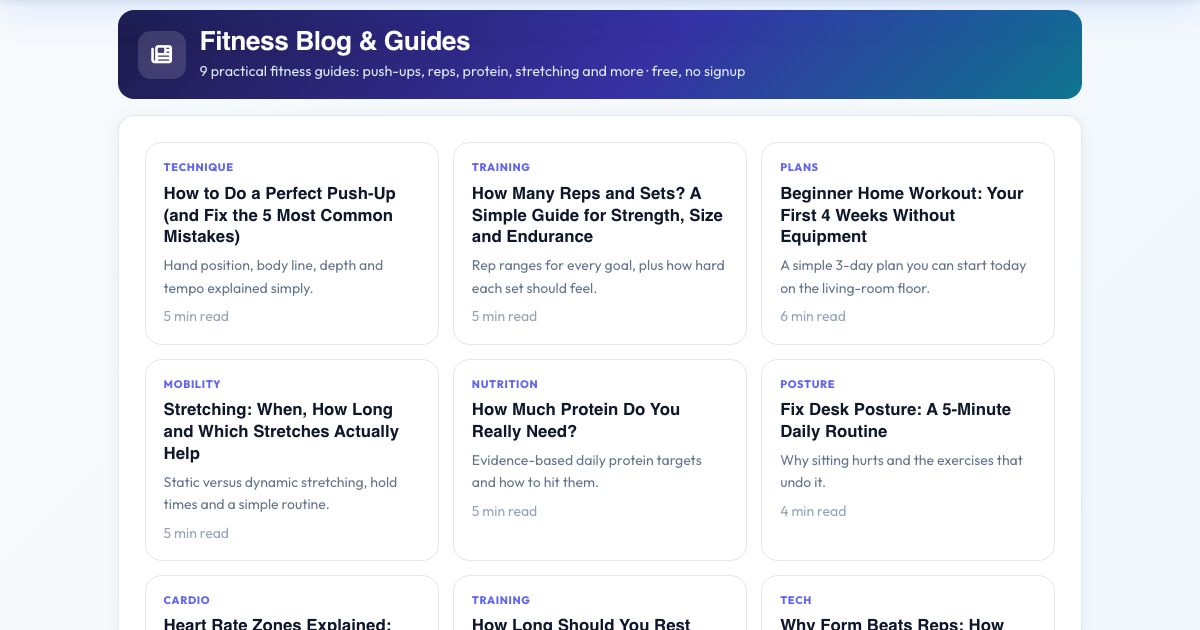 Screenshot of the free Fitness Blog & Guides tool on AZRS QuickFix