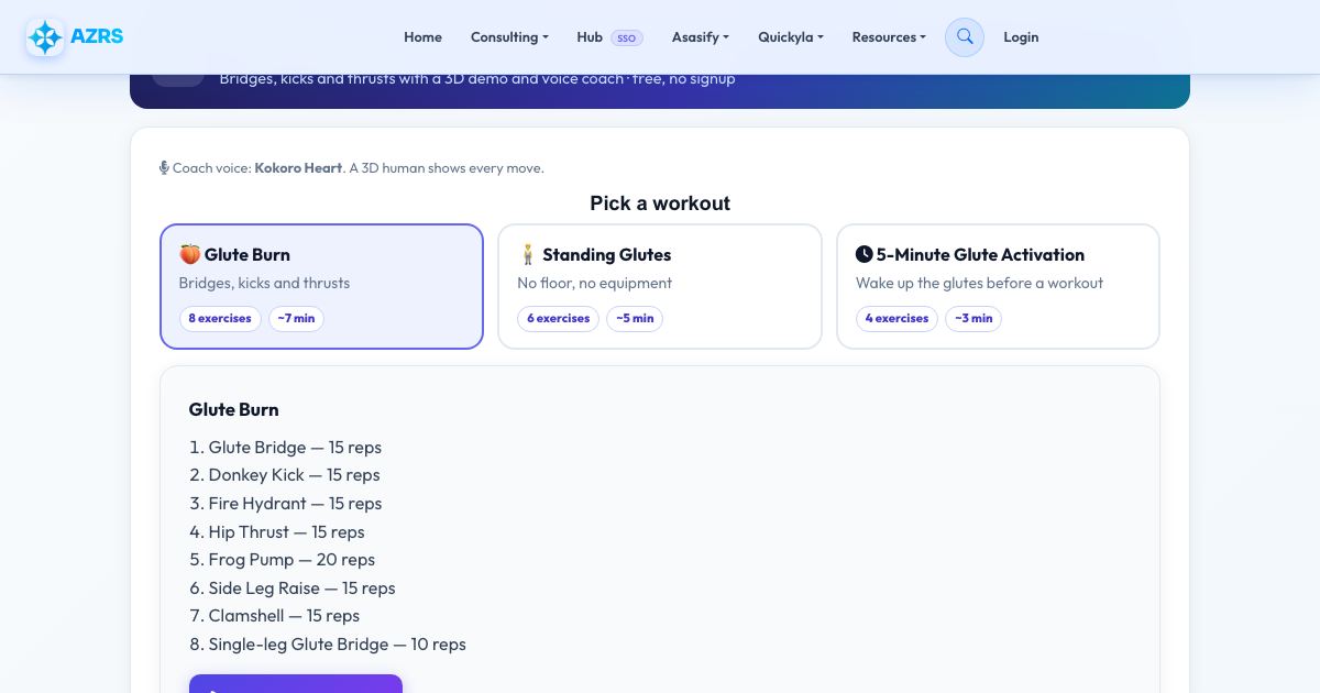 Screenshot of the free Glute Workout at Home (Voice Guided) tool on AZRS QuickFix