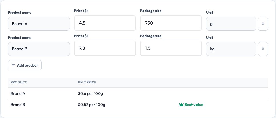 Screenshot of the free Grocery Price Comparison Calculator tool on AZRS QuickFix