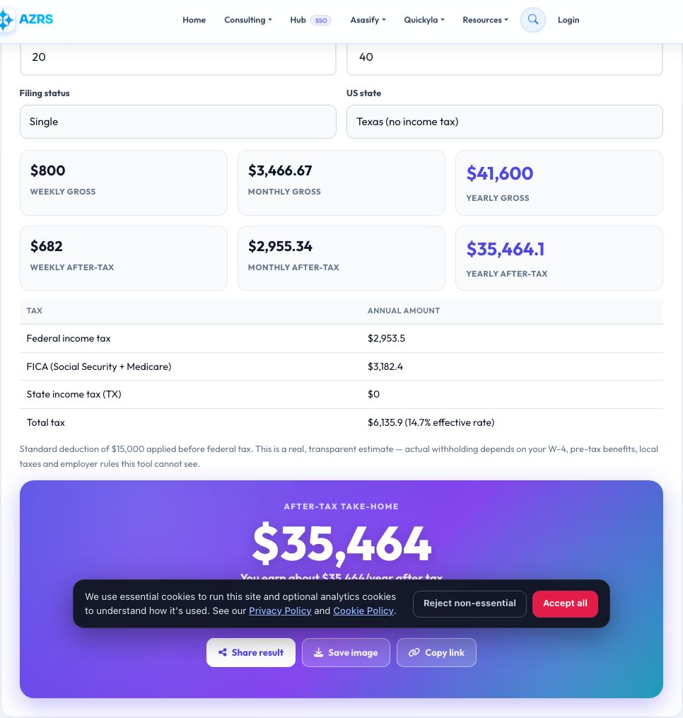 Screenshot of the free Hourly to Salary Calculator (After Tax) tool on AZRS QuickFix