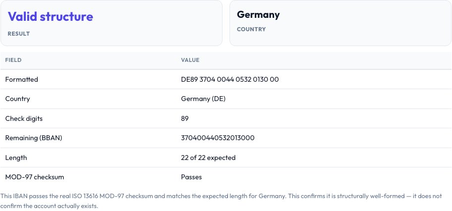 Step 2 — IBAN Validator result