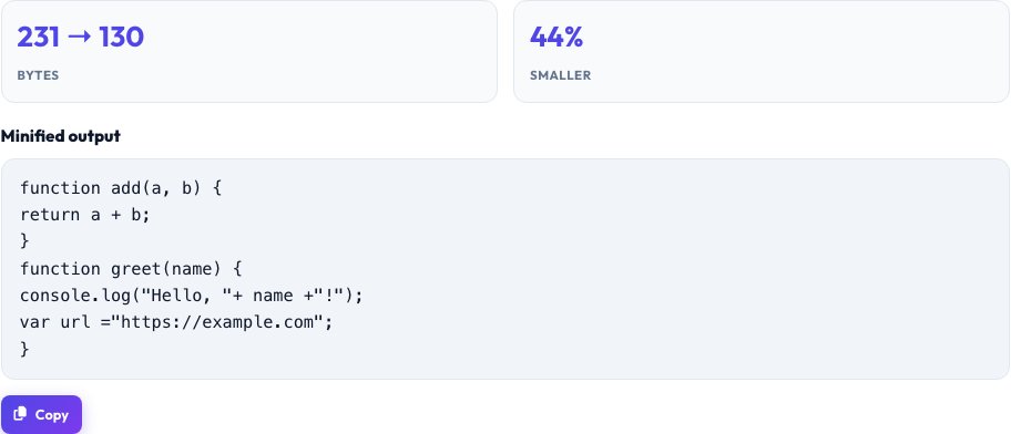 Step 2 — JavaScript Minifier & Beautifier result