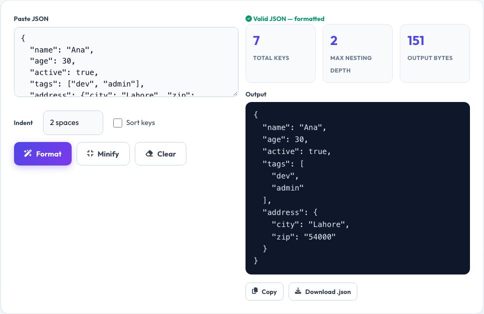 Screenshot of the free JSON Formatter, Validator & Beautifier tool on AZRS QuickFix