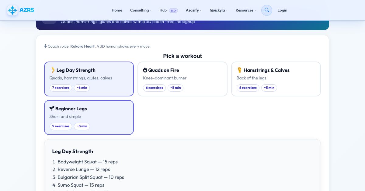 Screenshot of the free Leg Day at Home (Voice Guided) tool on AZRS QuickFix