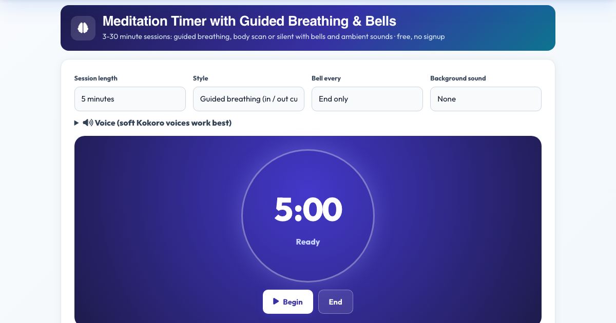 Screenshot of the free Meditation Timer with Guided Breathing & Bells tool on AZRS QuickFix