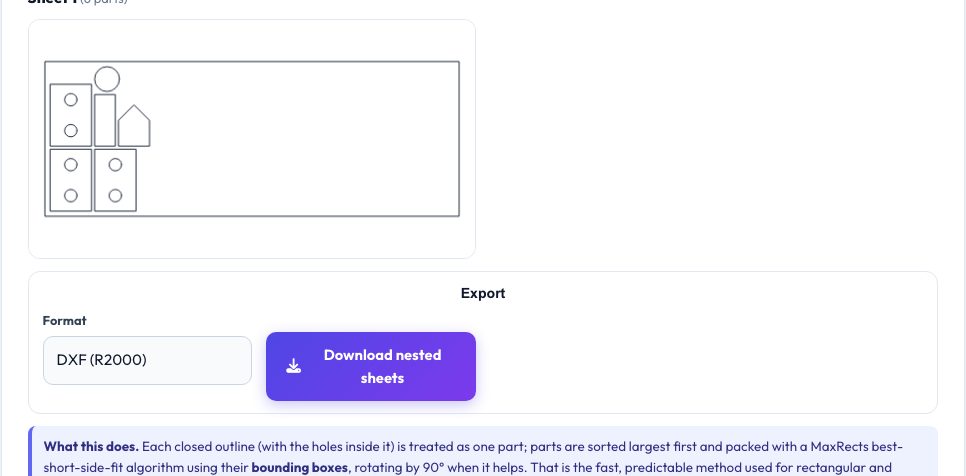 Screenshot of the free Laser & CNC Nesting Tool — Pack Parts onto Sheets (SVG/DXF) tool on AZRS QuickFix