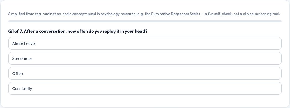 Screenshot of the free Overthinking Score — Rumination Self-Check tool on AZRS QuickFix