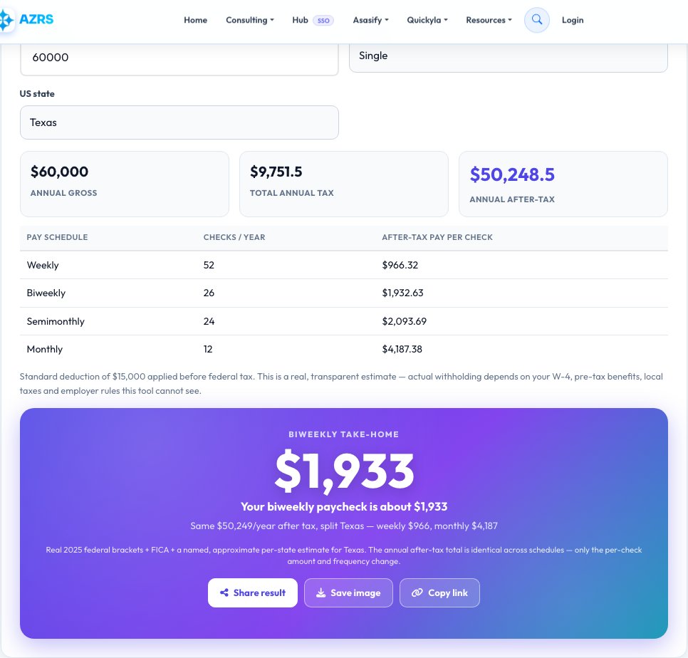 Screenshot of the free Paycheck Frequency Comparison Calculator tool on AZRS QuickFix