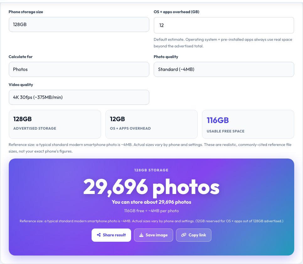 Screenshot of the free Phone Storage Calculator — How Many Photos & Videos Fit tool on AZRS QuickFix