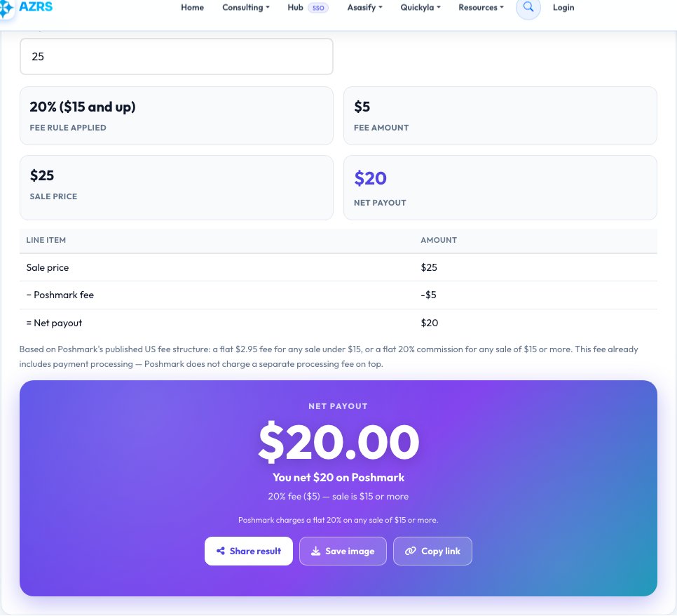 Screenshot of the free Poshmark Fee Calculator tool on AZRS QuickFix