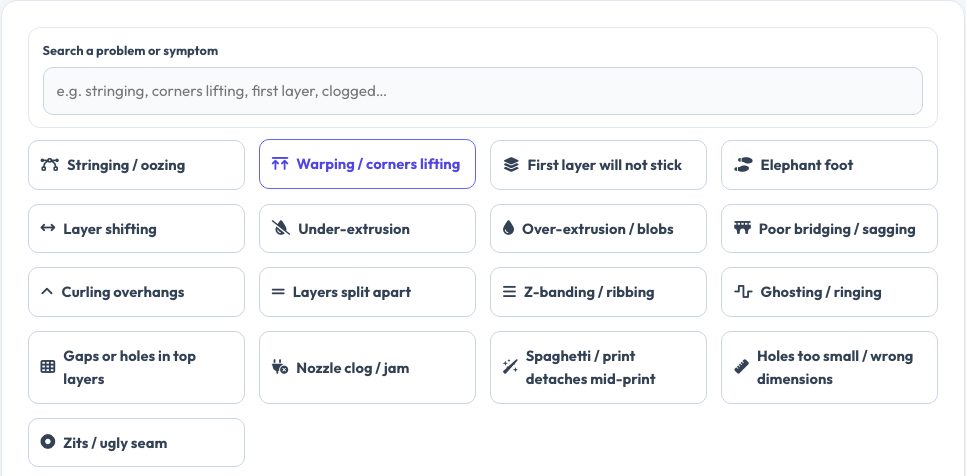 Screenshot of the free 3D Print Troubleshooting Guide — Fix Stringing, Warping & More tool on AZRS QuickFix