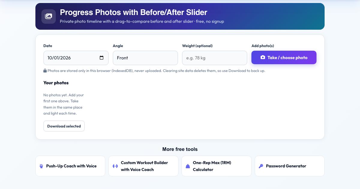 Screenshot of the free Progress Photos with Before/After Slider tool on AZRS QuickFix