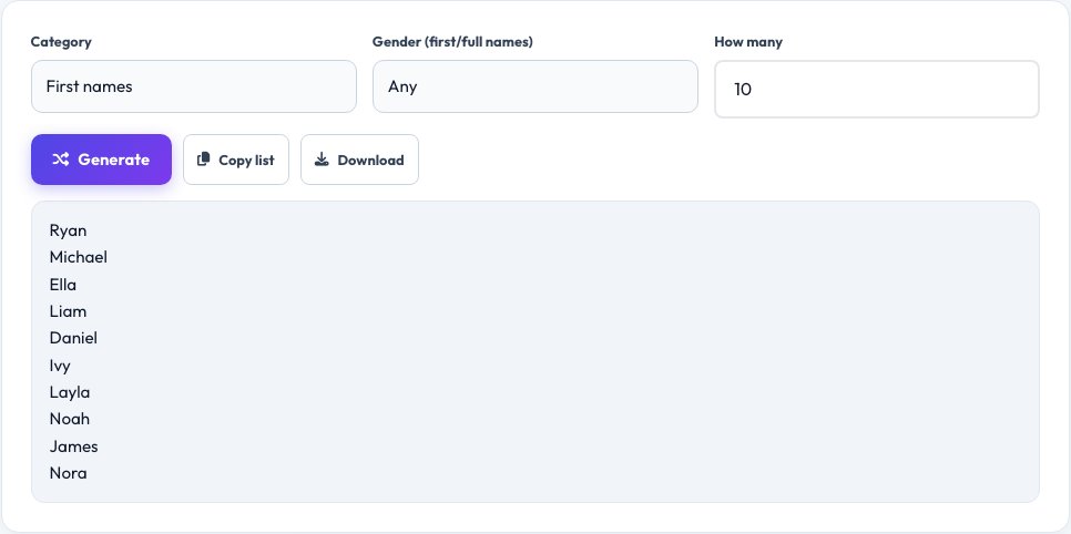 Screenshot of the free Random Name & Username Generator tool on AZRS QuickFix