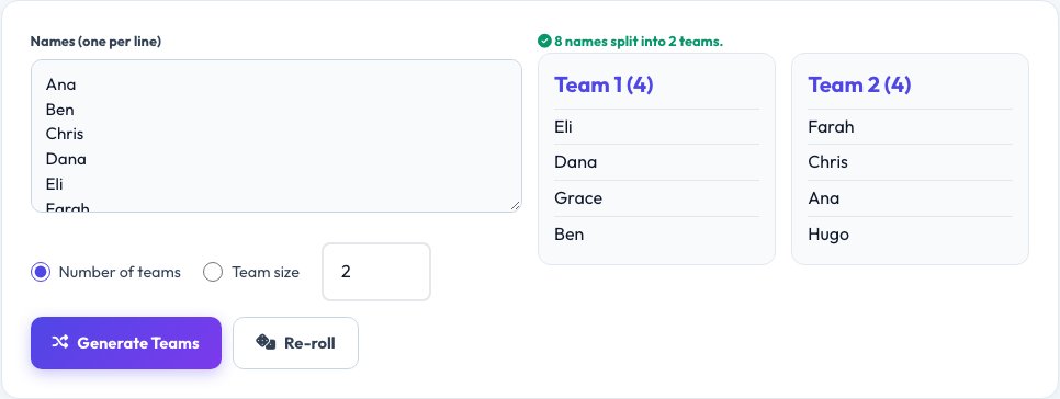 Screenshot of the free Random Team & Group Generator tool on AZRS QuickFix