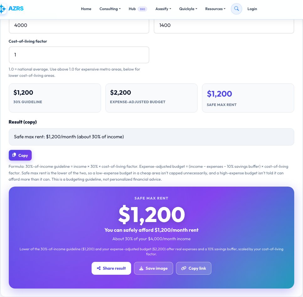 Screenshot of the free Rent Affordability Calculator — How Much Rent Can I Afford? tool on AZRS QuickFix