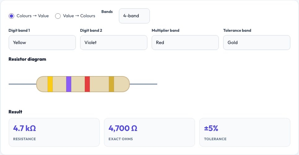 Screenshot of the free Resistor Color Code Calculator tool on AZRS QuickFix