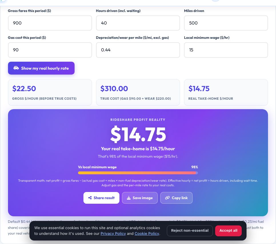 Screenshot of the free Rideshare Driver Profit Reality Check tool on AZRS QuickFix