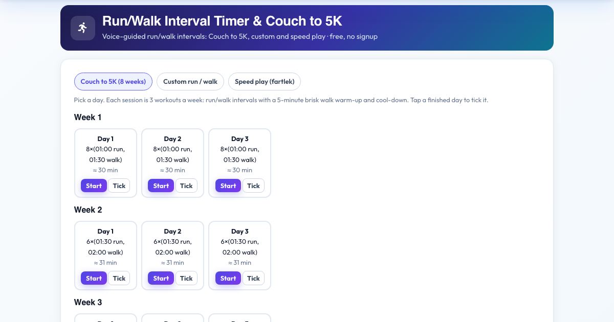 Screenshot of the free Run/Walk Interval Timer & Couch to 5K tool on AZRS QuickFix