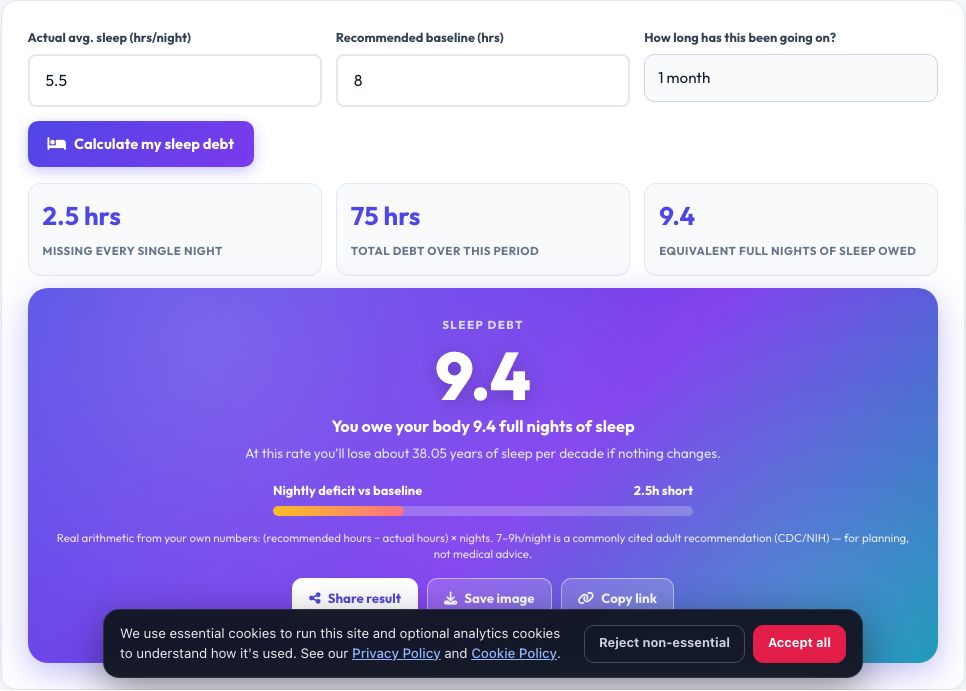 Screenshot of the free Sleep Debt Calculator — Real Nights Owed tool on AZRS QuickFix