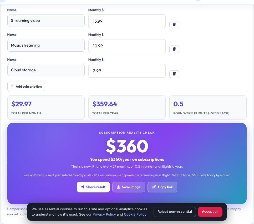 Screenshot of the free Subscription Cost Reality Check tool on AZRS QuickFix