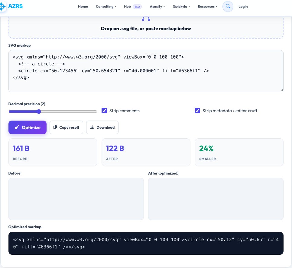 Screenshot of the free SVG Optimizer & Minifier tool on AZRS QuickFix