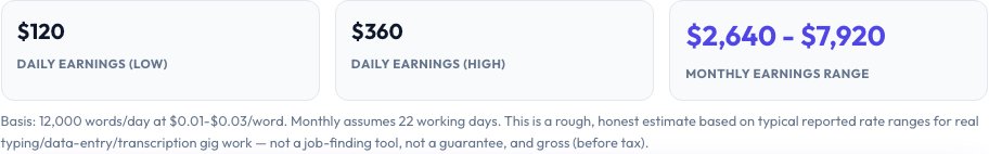 Step 2 — Typing / Data Entry Job Earnings Calculator result