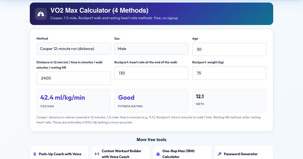 Screenshot of the free VO2 Max Calculator (4 Methods) tool on AZRS QuickFix