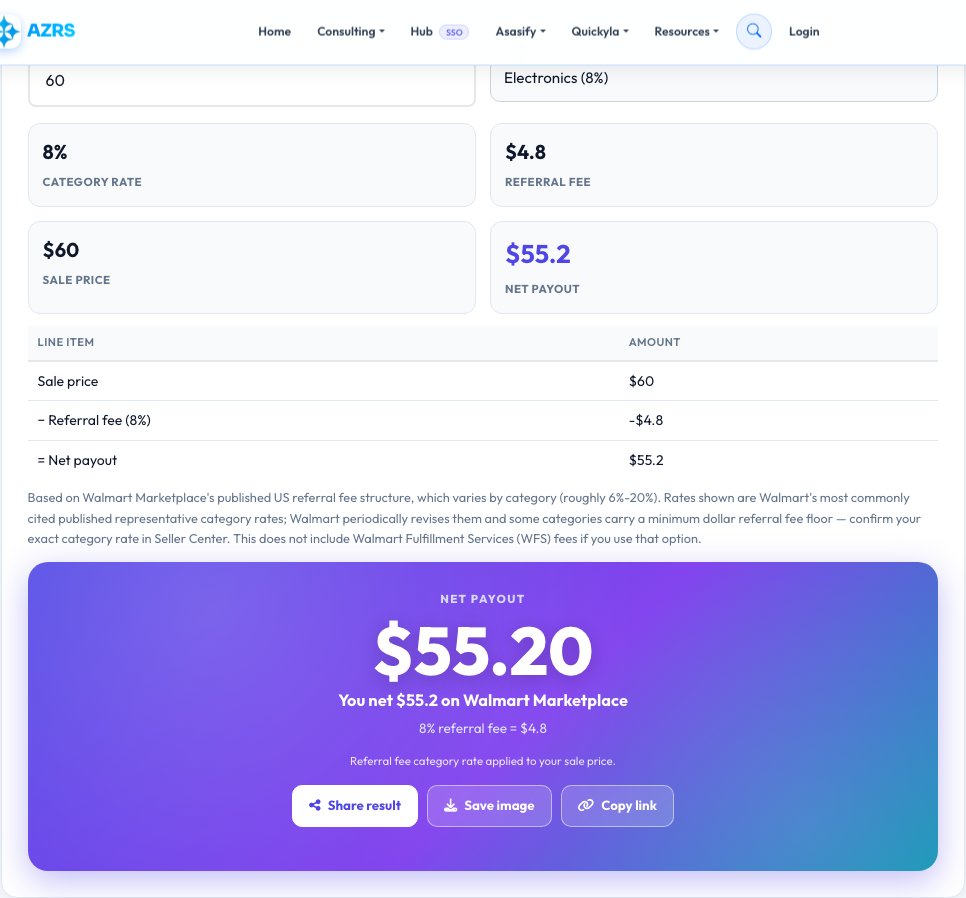 Screenshot of the free Walmart Marketplace Fee Calculator tool on AZRS QuickFix