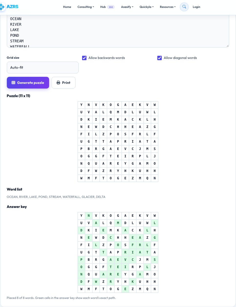 Step 1 — starting Word Search Puzzle Generator on AZRS QuickFix